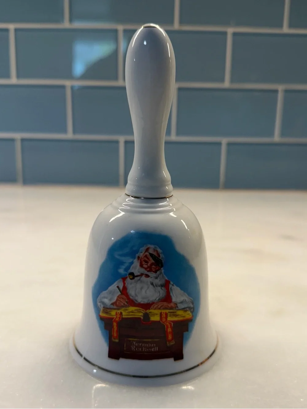 Norman Rockwell White Porcelain Holiday Bell with Santa Illustration